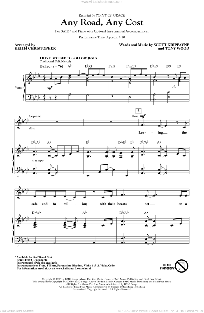 Any Road, Any Cost (arr. Keith Christopher) sheet music for choir (SATB: soprano, alto, tenor, bass) by Keith Christopher, Point Of Grace, Scott Krippayne and Tony Wood, intermediate skill level