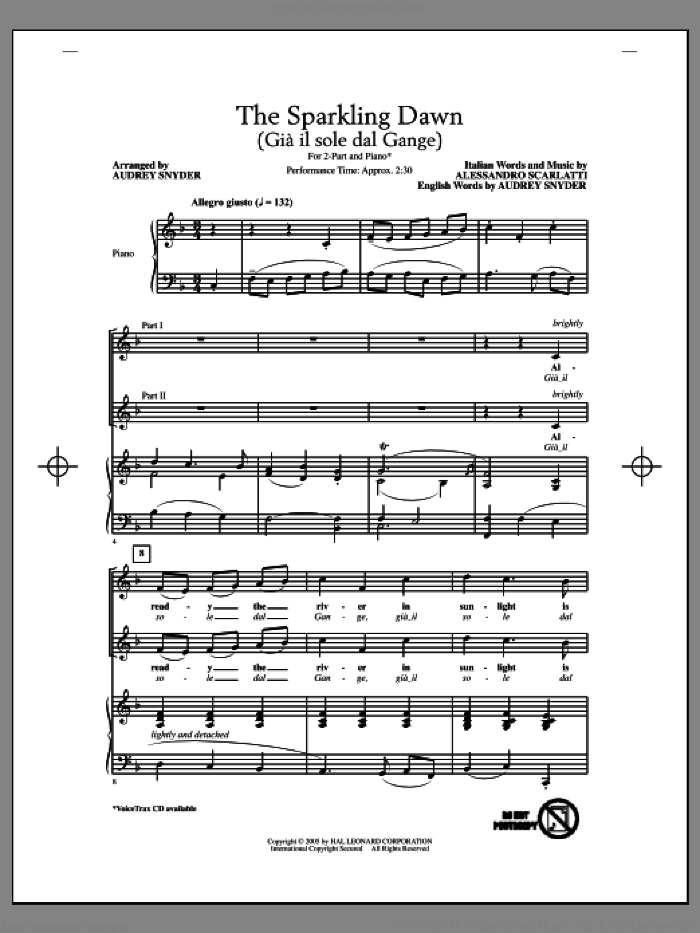 The Sparkling Dawn (Gia Il Sole Dal Gange) sheet music for choir (2-Part) by Audrey Snyder and Alessandro Scarlatti, classical score, intermediate duet