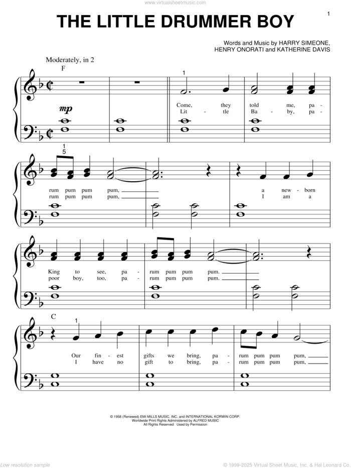 Use the interactive viewer for higher resolution music The Little Drummer Boy sheet music for piano solo (big note book) by Harry Simeone, Gloria Gaynor, Henry Onorati and Katherine Davis, easy piano (big note book)