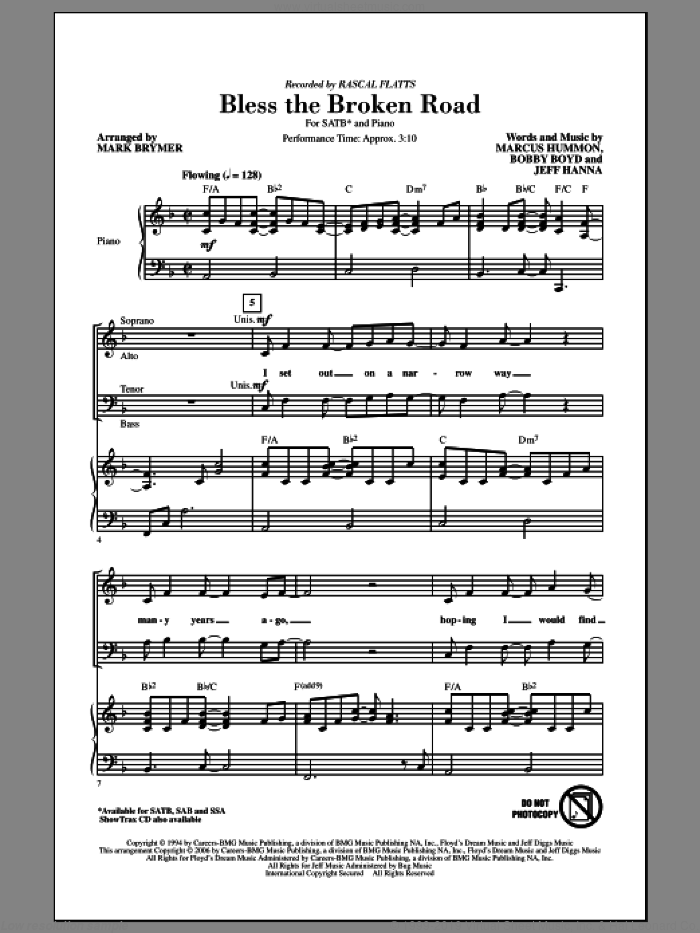 Bless The Broken Road sheet music for choir (SATB: soprano, alto, tenor, bass) by Mark Brymer and Rascal Flatts, wedding score, intermediate skill level