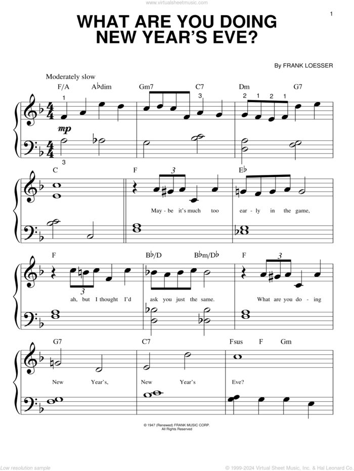 What Are You Doing New Year's Eve? sheet music for piano solo (big note book) by Frank Loesser, easy piano (big note book)