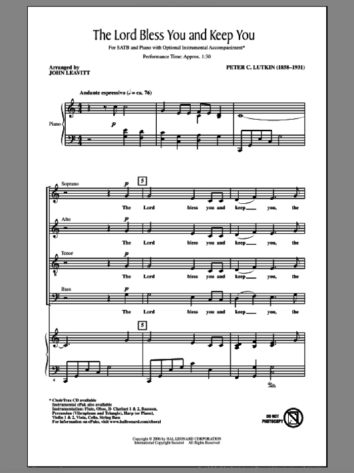 Lord Bless You And Keep You sheet music for choir (SATB: soprano, alto, tenor, bass) by John Leavitt and Peter Lutkin, intermediate skill level