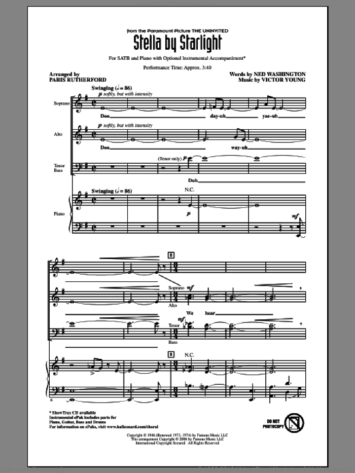Stella By Starlight sheet music for choir (SATB: soprano, alto, tenor, bass) by Ray Charles, Ned Washington, Paris Rutherford and Victor Young, intermediate skill level