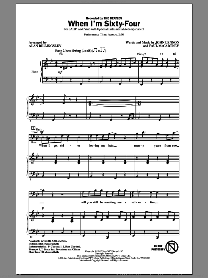 When I'm Sixty-Four (arr. Alan Billingsley) sheet music for choir (SATB: soprano, alto, tenor, bass) by The Beatles, Alan Billingsley, John Lennon and Paul McCartney, intermediate skill level