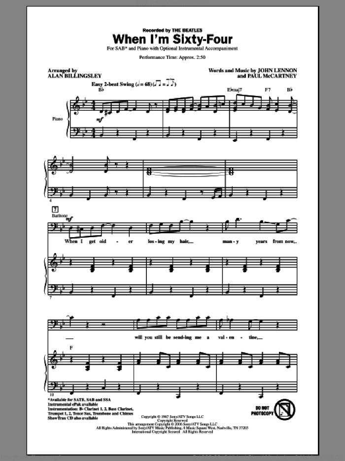 When I'm Sixty-Four sheet music for choir (SAB: soprano, alto, bass) by The Beatles, Alan Billingsley, John Lennon and Paul McCartney, intermediate skill level
