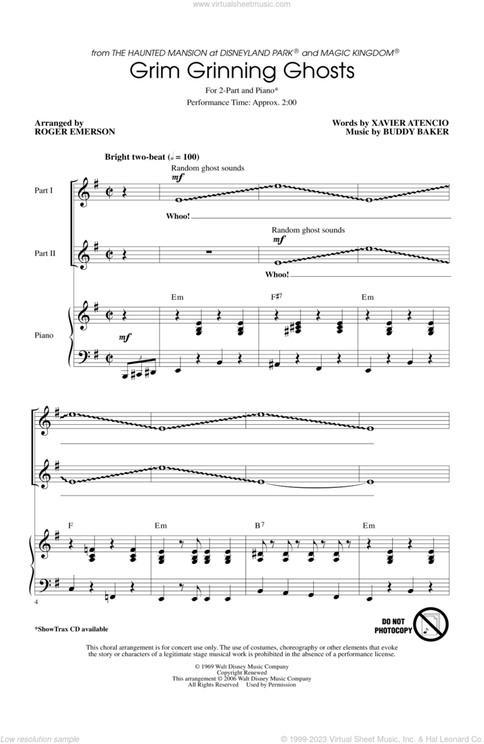 Grim Grinning Ghosts sheet music for choir (2-Part) by Roger Emerson, Buddy Baker and Xavier Atencio, intermediate duet