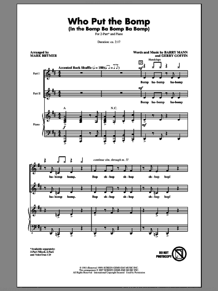 Who Put The Bomp (In The Bomp Ba Bomp Ba Bomp) sheet music for choir (2-Part) by Mark Brymer, Barry Mann and Gerry Goffin, intermediate duet