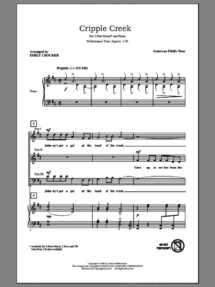 Cripple Creek (arr. Emily Crocker) sheet music for choir (3-Part Mixed) by Emily Crocker and Miscellaneous, intermediate skill level