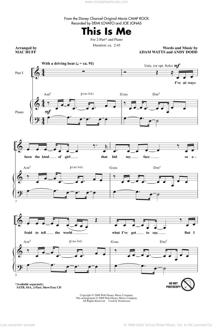 This Is Me (from Camp Rock) (arr. Mac Huff) sheet music for choir (2-Part) by Demi Lovato & Joe Jonas, Adam Watts, Andy Dodd and Mac Huff, intermediate duet