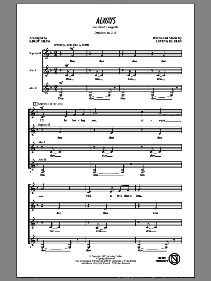 Always sheet music for choir (SSA: soprano, alto) by Frank Sinatra, Billie Holiday, Irving Berlin, Kirby Shaw and Patsy Cline, intermediate skill level