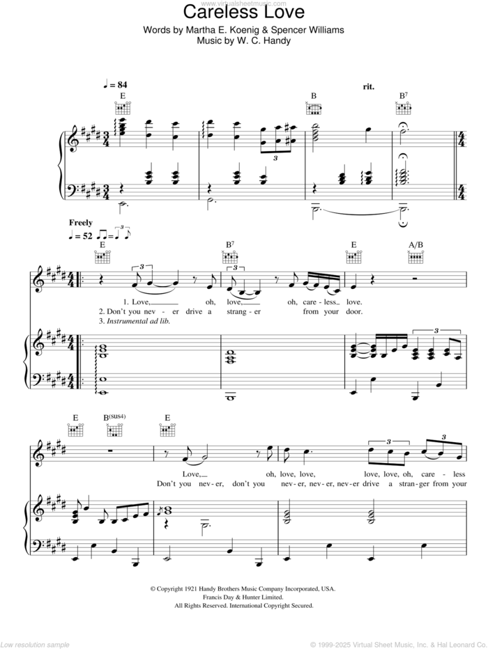 Careless Love sheet music for voice, piano or guitar by Hugh Laurie, Martha E. Koenig, Spencer Williams and W.C. Handy, intermediate skill level