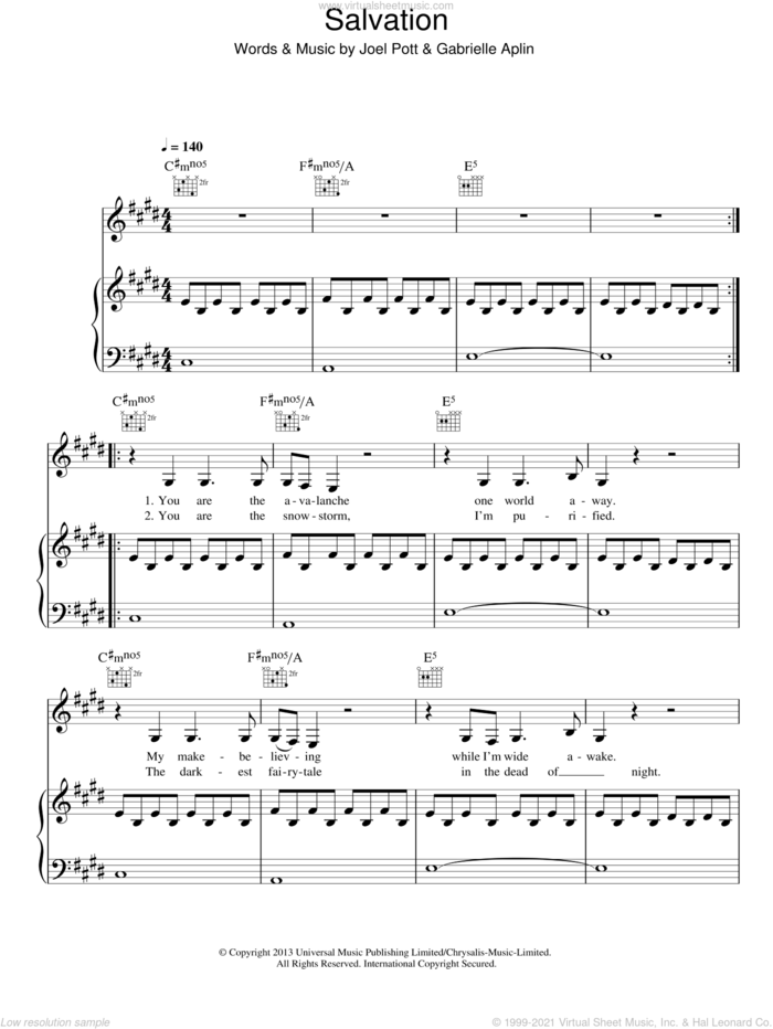 Salvation sheet music for voice, piano or guitar by Gabrielle Aplin and Joel Pott, intermediate skill level