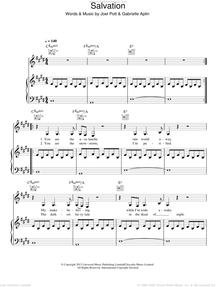 Salvation sheet music for voice, piano or guitar by Gabrielle Aplin and Joel Pott, intermediate skill level