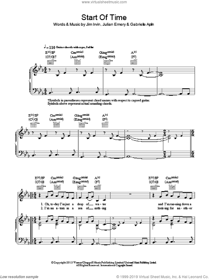Start Of Time sheet music for voice, piano or guitar by Gabrielle Aplin, Jim Irvin and Julian Emery, intermediate skill level