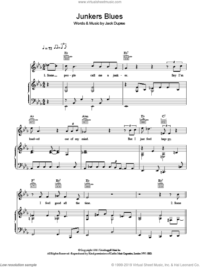 Junker's Blues sheet music for voice, piano or guitar by Hugh Laurie and Jack Dupree, intermediate skill level