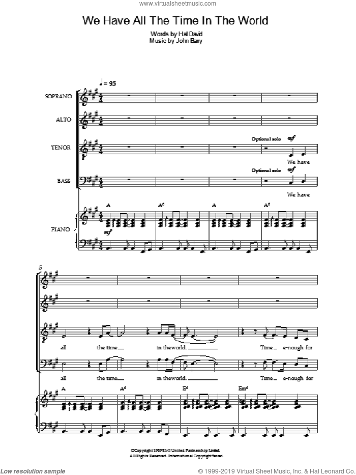 We Have All The Time In The World sheet music for choir by Louis Armstrong, Hal David and John Barry, intermediate skill level