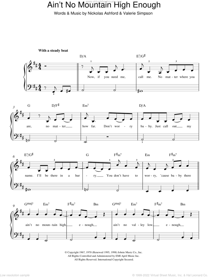 Ain't No Mountain High Enough sheet music for piano solo by Diana Ross, Nickolas Ashford and Valerie Simpson, easy skill level
