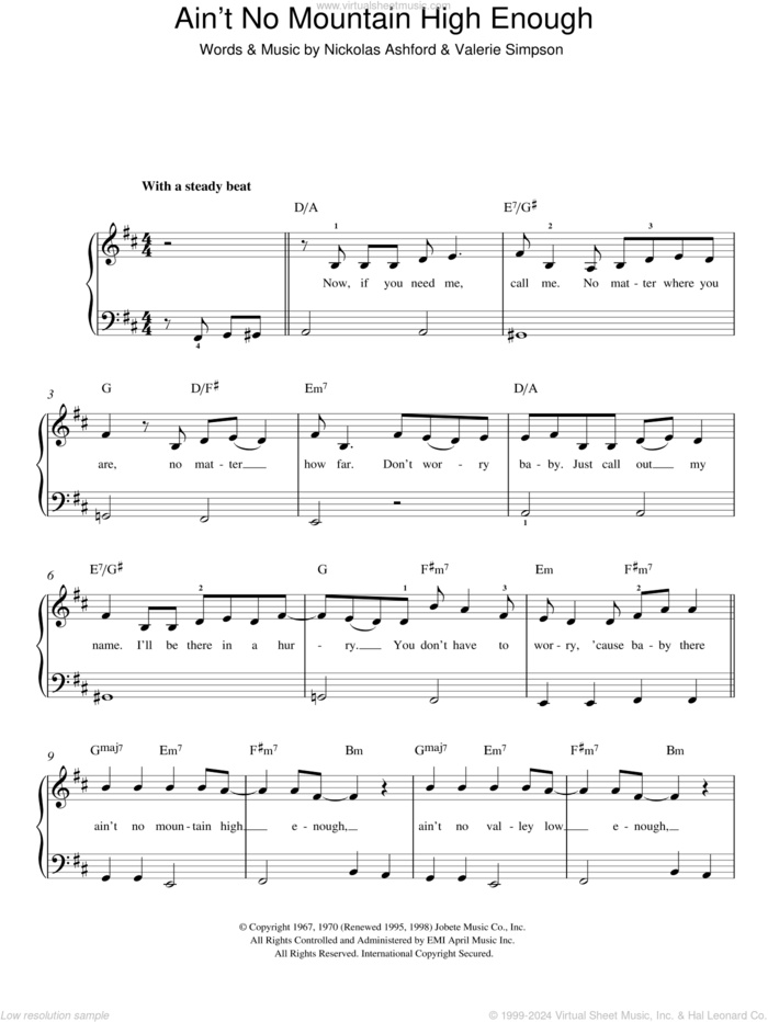 Ain't No Mountain High Enough sheet music for piano solo by Diana Ross, Nickolas Ashford and Valerie Simpson, easy skill level