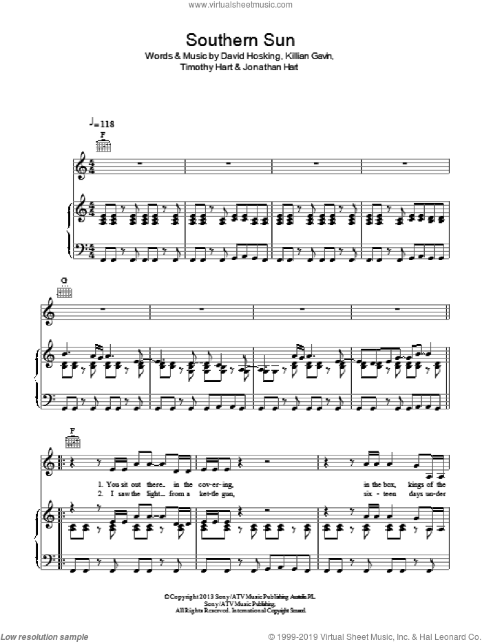 Southern Sun sheet music for voice, piano or guitar by Boy And Bear, David Hosking, Jonathan Hart, Killian Gavin and Timothy Hart, intermediate skill level