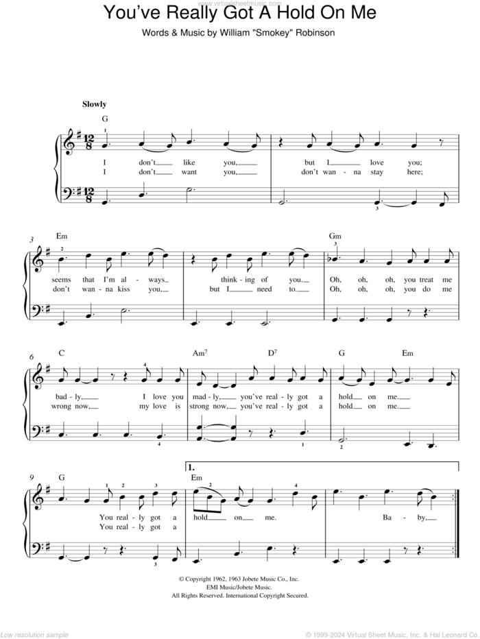 You've Really Got A Hold On Me sheet music for piano solo by The Miracles, easy skill level