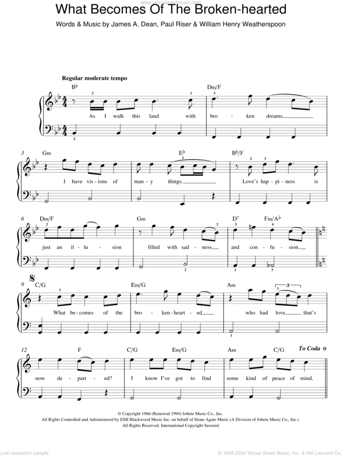 What Becomes Of The Brokenhearted ? sheet music for piano solo by Jimmy Ruffin, James Dean, Paul Riser and William Weatherspoon, easy skill level