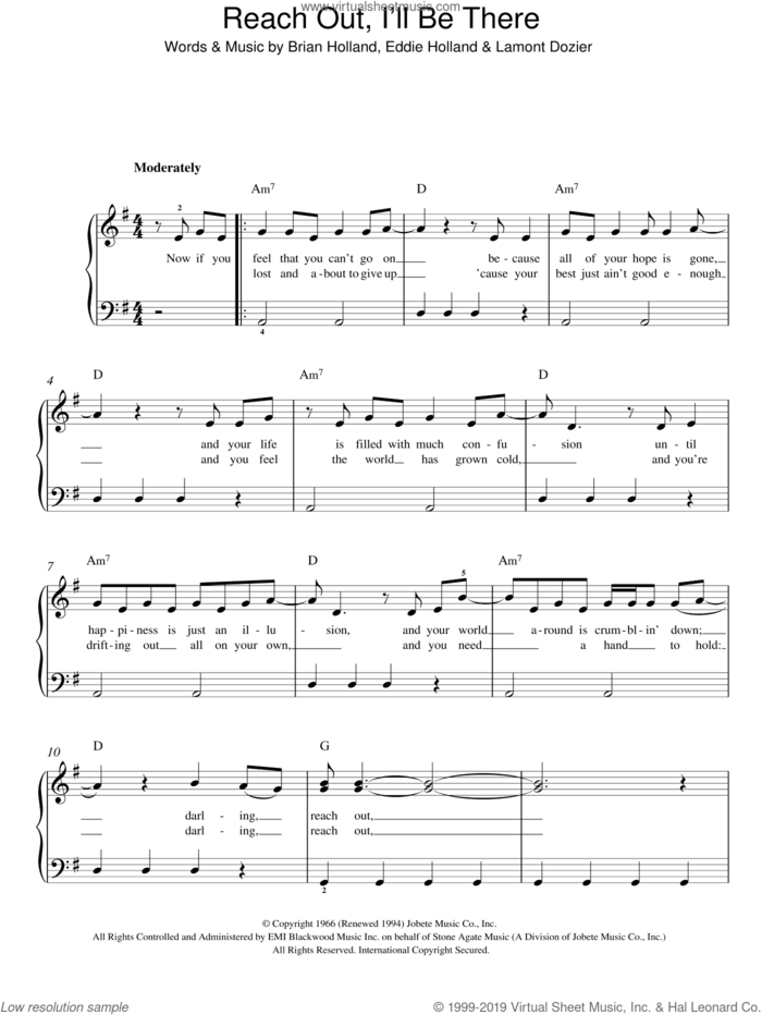 Reach Out, I'll Be There sheet music for piano solo by The Four Tops, Brian Holland, Eddie Holland and Lamont Dozier, easy skill level