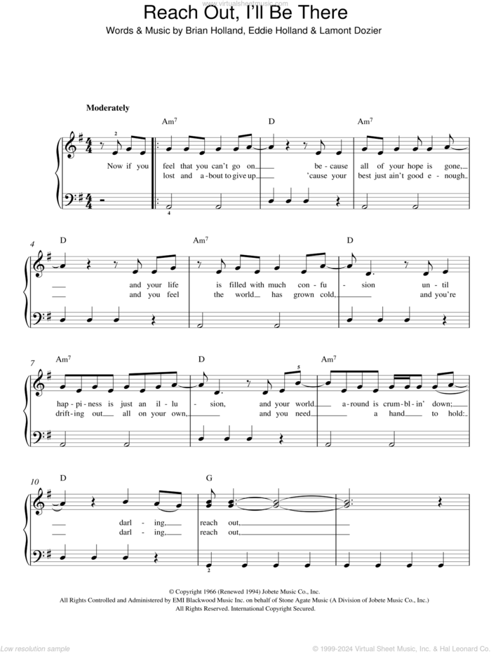 Reach Out, I'll Be There sheet music for piano solo by The Four Tops, Brian Holland, Eddie Holland and Lamont Dozier, easy skill level