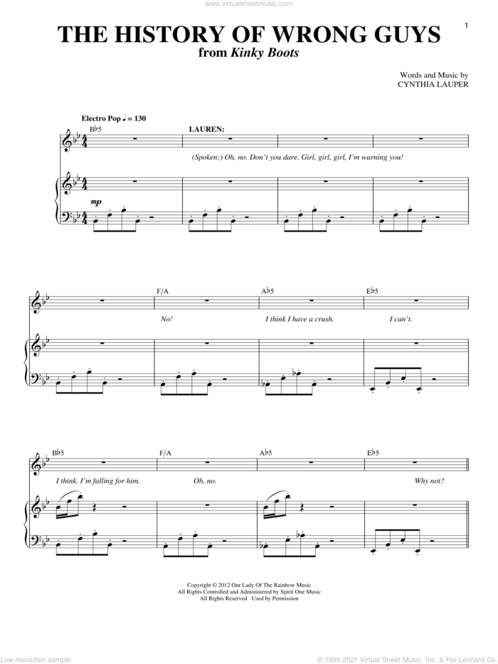 The History Of Wrong Guys sheet music for voice and piano by Cynthia Lauper and Kinky Boots (Musical), intermediate skill level