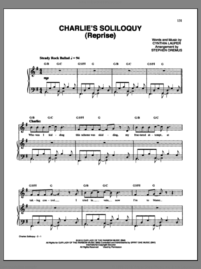 Charlie's Soliloquy (Reprise) sheet music for voice and piano by Cynthia Lauper and Kinky Boots (Musical), intermediate skill level