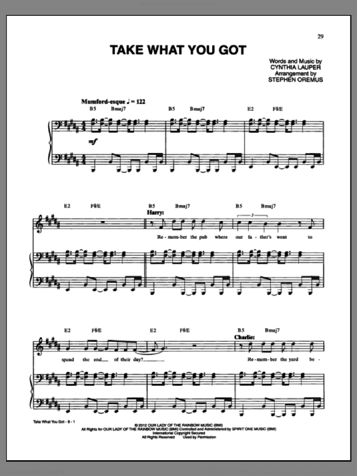 Take What You Got sheet music for voice and piano by Cynthia Lauper and Kinky Boots (Musical), intermediate skill level