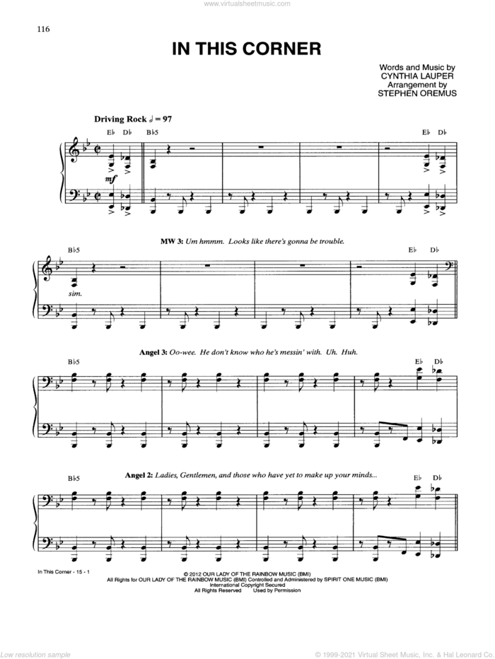 In This Corner sheet music for voice and piano by Cynthia Lauper and Kinky Boots (Musical), intermediate skill level