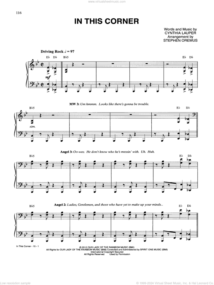 In This Corner sheet music for voice and piano by Cynthia Lauper and Kinky Boots (Musical), intermediate skill level