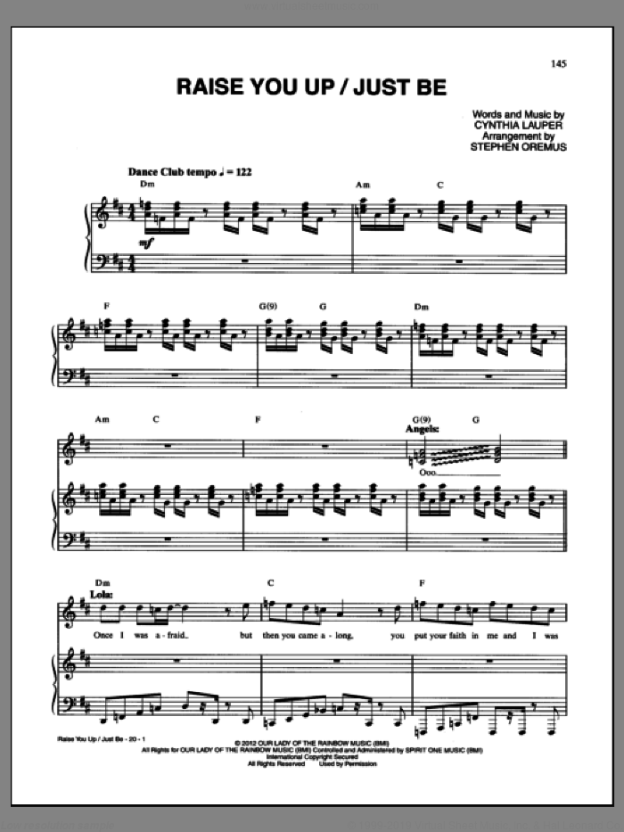 Raise You Up/Just Be (from Kinky Boots) sheet music for voice and piano by Cynthia Lauper, Cyndi Lauper and Kinky Boots (Musical), intermediate skill level