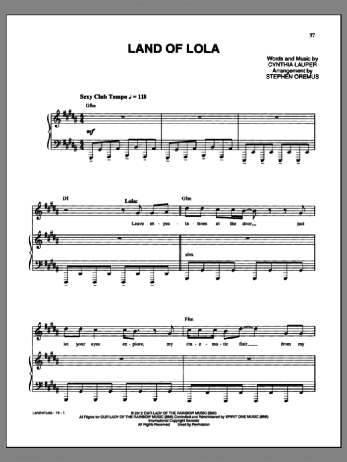 Land Of Lola sheet music for voice and piano by Cynthia Lauper and Kinky Boots (Musical), intermediate skill level