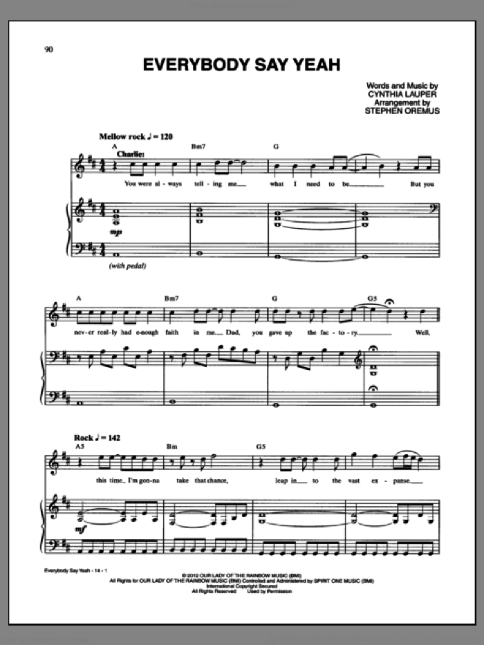 Everybody Say Yeah sheet music for voice and piano by Cynthia Lauper and Kinky Boots (Musical), intermediate skill level