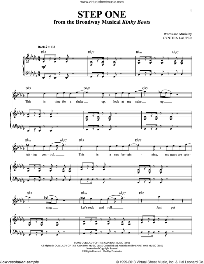 Step One sheet music for voice and piano by Cynthia Lauper and Kinky Boots (Musical), intermediate skill level