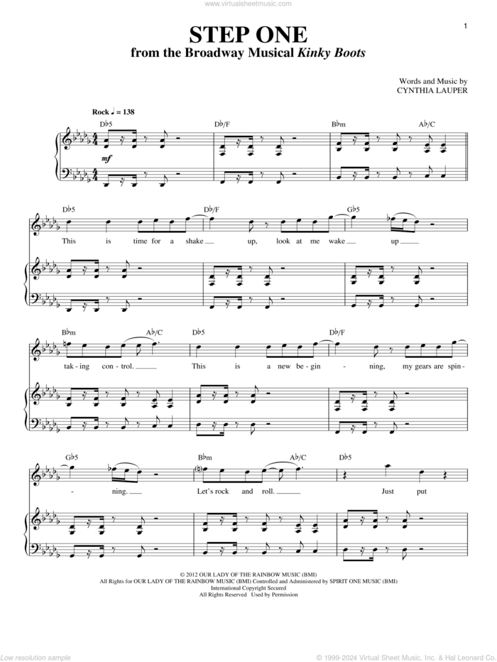 Step One sheet music for voice and piano by Cynthia Lauper and Kinky Boots (Musical), intermediate skill level