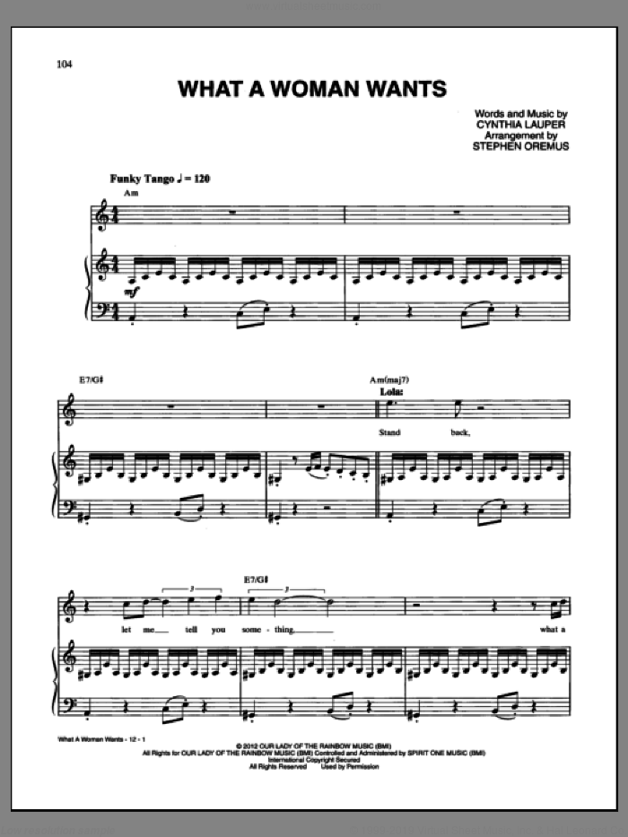 What A Woman Wants sheet music for voice and piano by Cynthia Lauper and Kinky Boots (Musical), intermediate skill level