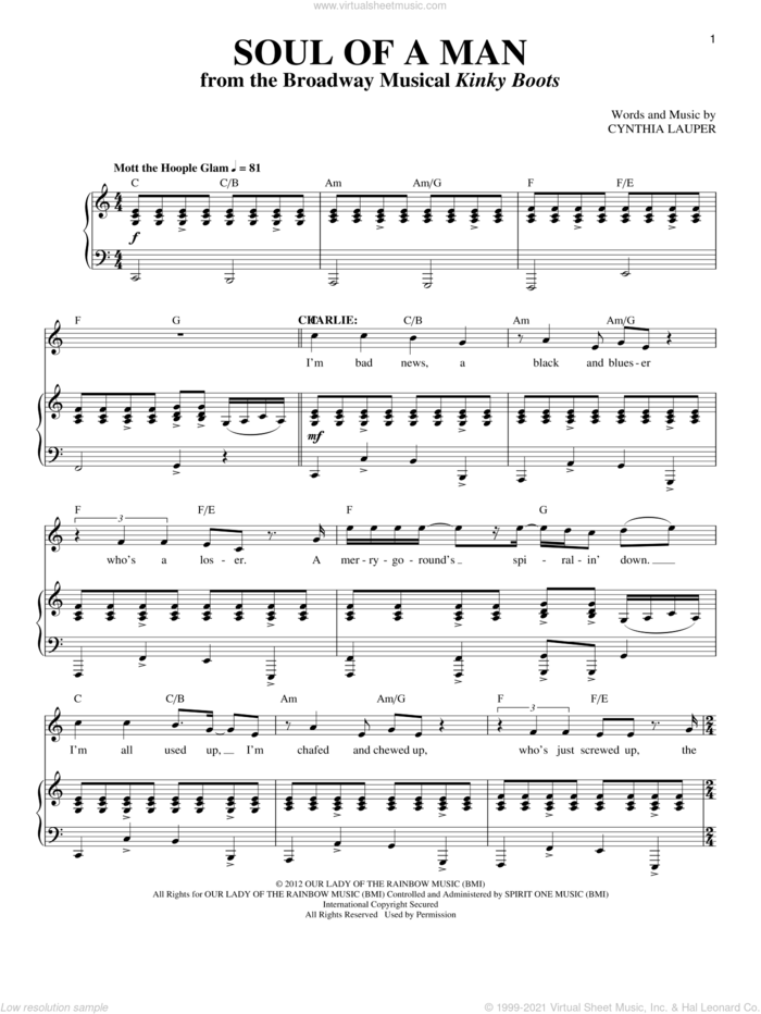 Soul Of A Man sheet music for voice and piano by Cynthia Lauper and Kinky Boots (Musical), intermediate skill level
