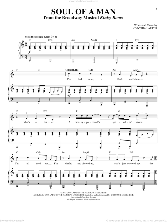 Soul Of A Man sheet music for voice and piano by Cynthia Lauper and Kinky Boots (Musical), intermediate skill level