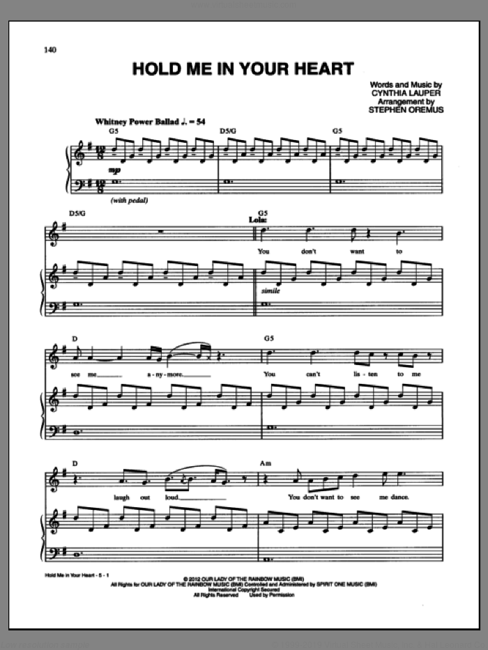 Hold Me In Your Heart sheet music for voice and piano by Cynthia Lauper and Kinky Boots (Musical), intermediate skill level