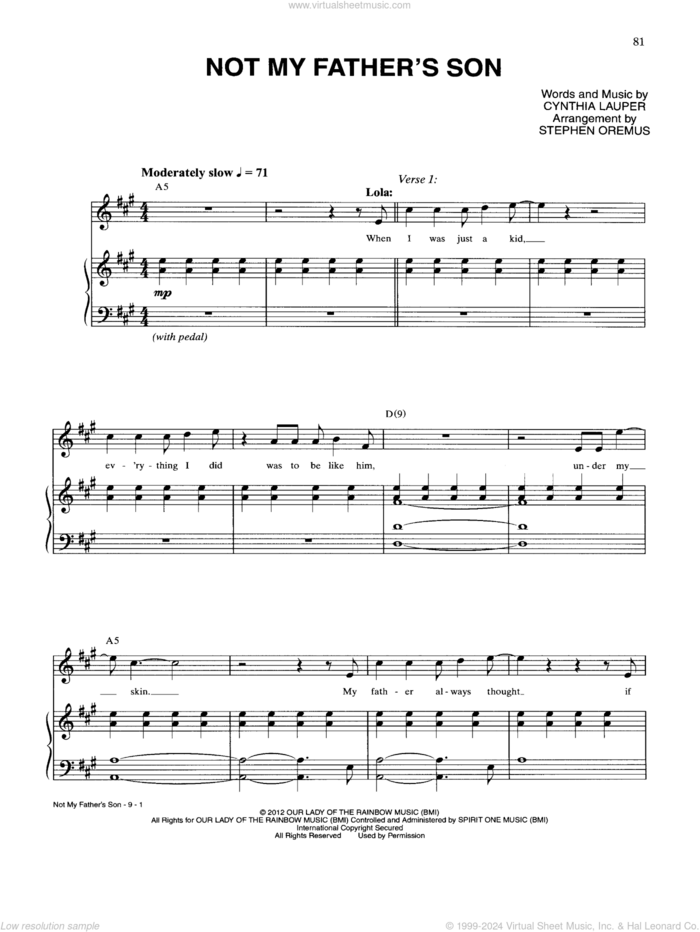 Not My Father's Son sheet music for voice and piano by Cynthia Lauper and Kinky Boots (Musical), intermediate skill level