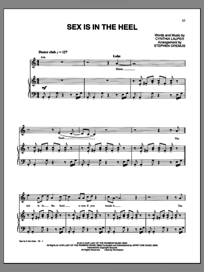 Sex Is In The Heel sheet music for voice and piano by Cynthia Lauper and Kinky Boots (Musical), intermediate skill level