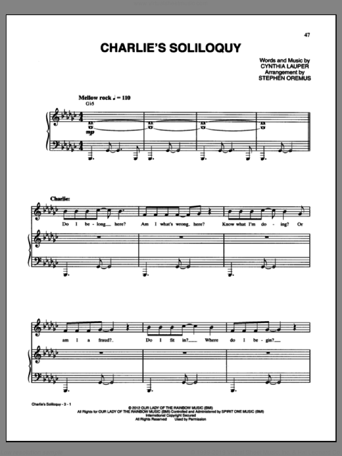 Charlie's Soliloquy sheet music for voice and piano by Cynthia Lauper, Kinky Boots (Musical) and Stephen Oremus (arr.), intermediate skill level