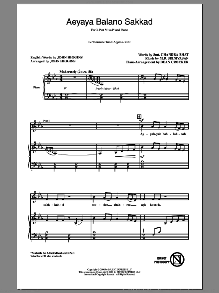 Aeyaya Balano Sakkad sheet music for choir (3-Part Mixed) by John Higgins, M.B. Srinivasan and Smt. Chandra Bhat, intermediate skill level