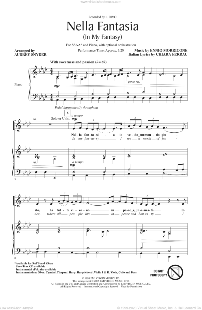 Nella Fantasia (In My Fantasy) (arr. Audrey Snyder) sheet music for choir (SSAA: soprano, alto) by Audrey Snyder, Il Divo and Ennio Morricone, intermediate skill level