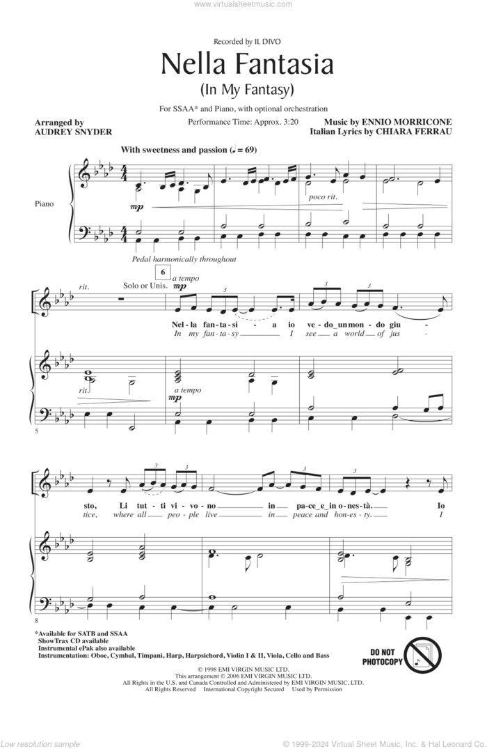 Nella Fantasia (In My Fantasy) (arr. Audrey Snyder) sheet music for choir (SSAA: soprano, alto) by Audrey Snyder, Il Divo and Ennio Morricone, intermediate skill level