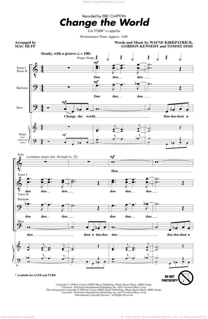 Change The World (arr. Mac Huff) sheet music for choir (TTBB: tenor, bass) by Mac Huff and Eric Clapton, intermediate skill level