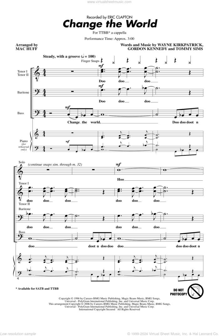 Change The World (arr. Mac Huff) sheet music for choir (TTBB: tenor, bass) by Mac Huff and Eric Clapton, intermediate skill level