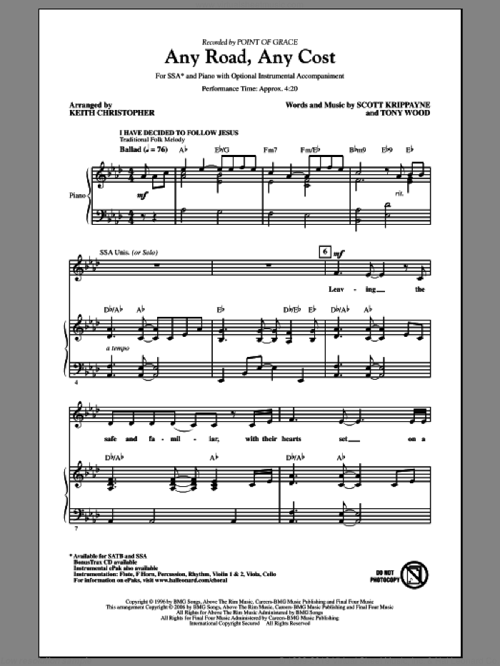 Any Road, Any Cost (arr. Keith Christopher) sheet music for choir (SSA: soprano, alto) by Keith Christopher, Point Of Grace, Scott Krippayne and Tony Wood, intermediate skill level